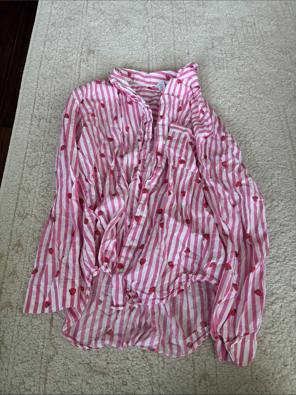 Pink & White Striped Button-Up Top with Strawberry Embroidery